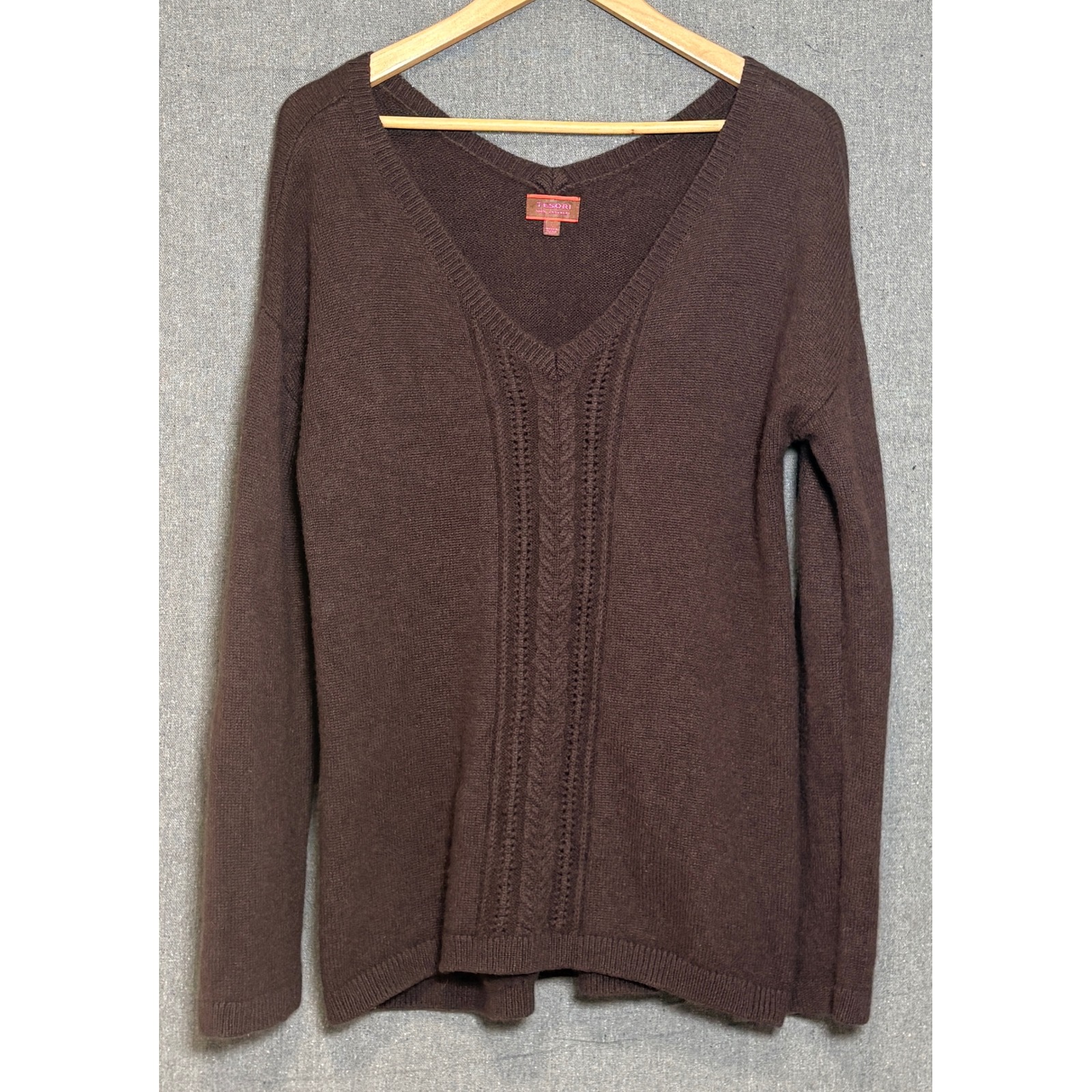Tesori 100% Cashmere V-Neck Cable Knit Sweater Brown Sz Large